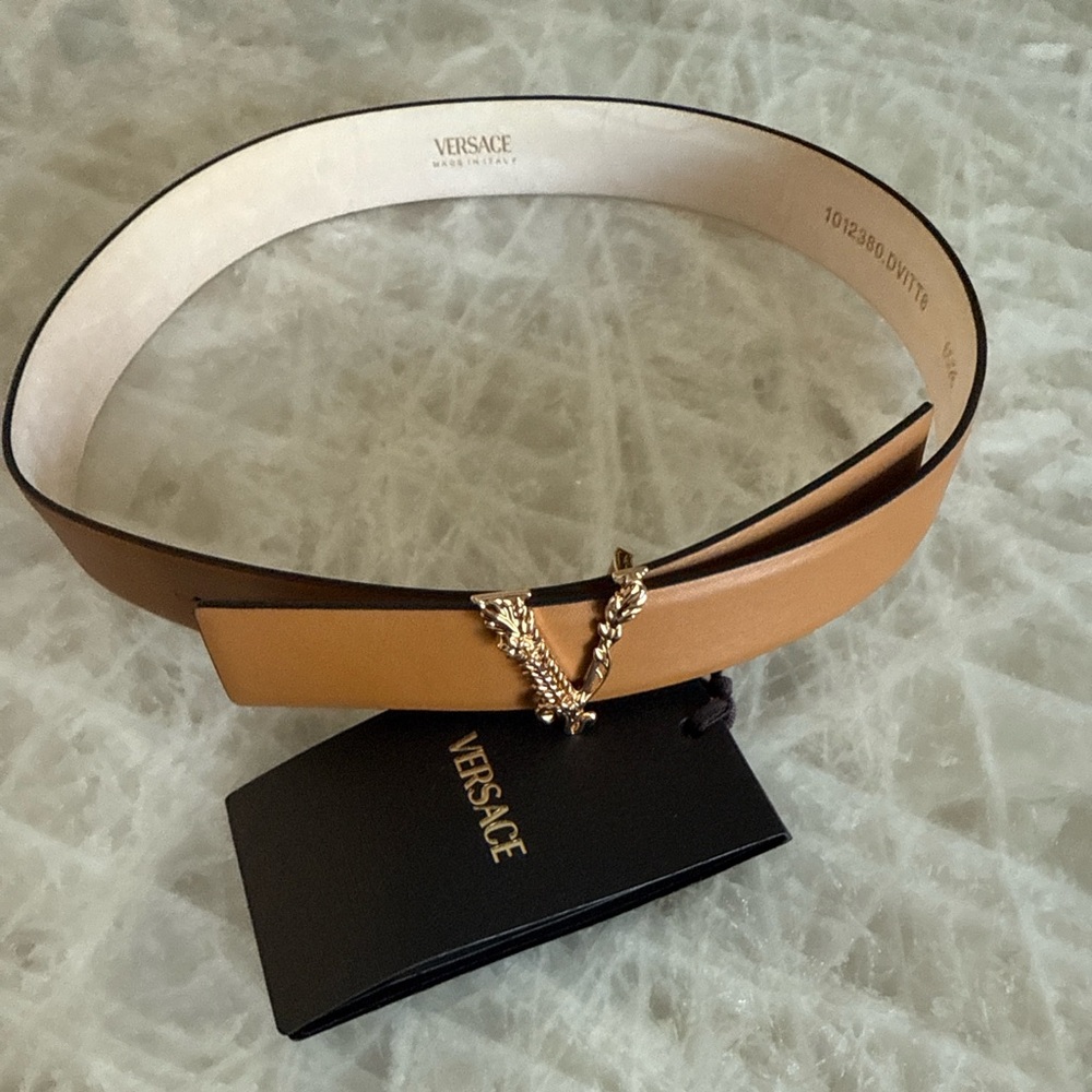 Versace Brown Leather Belt with Gold V Accent